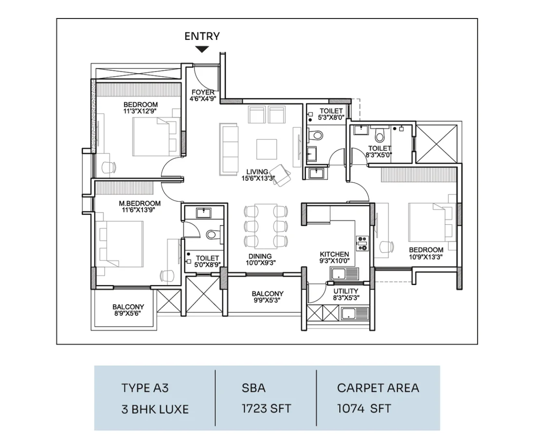 3 BHK Grand 1,723 sqft floor plan at Suraksha Whispering Waves, Begur