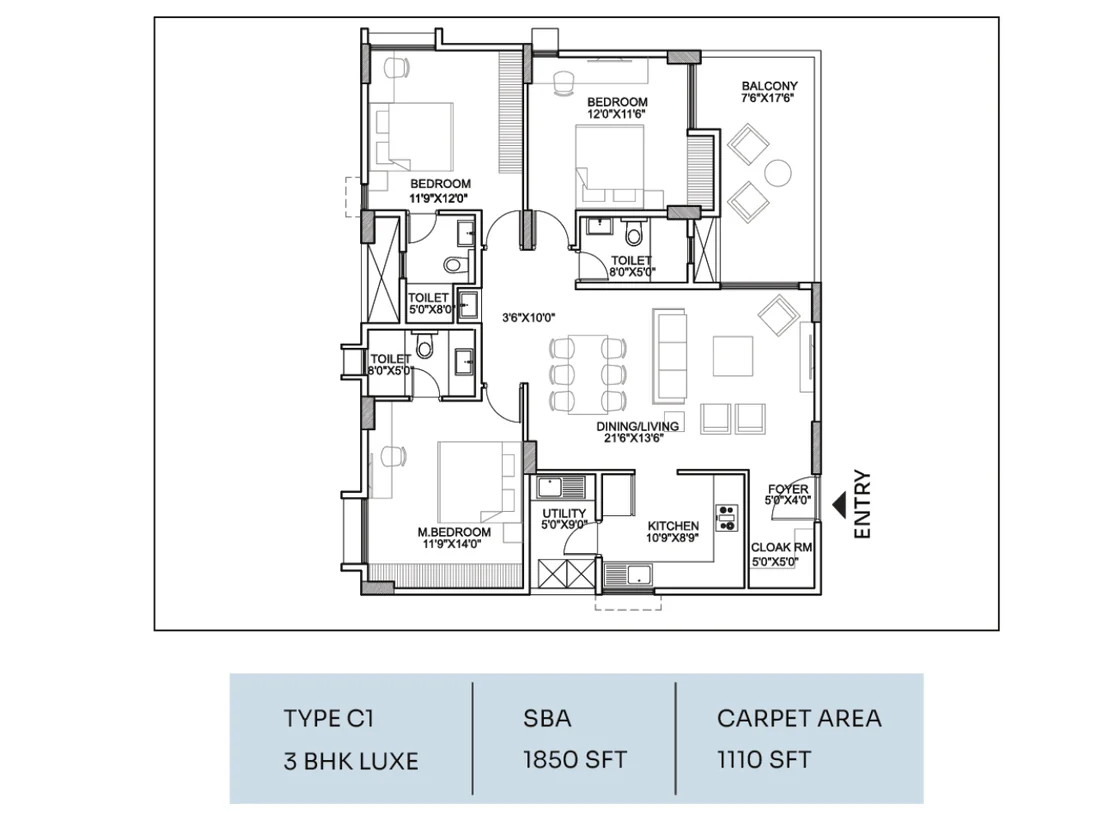 3 BHK Grand Large 1,850 sqft floor plan at Suraksha Whispering Waves, Begur